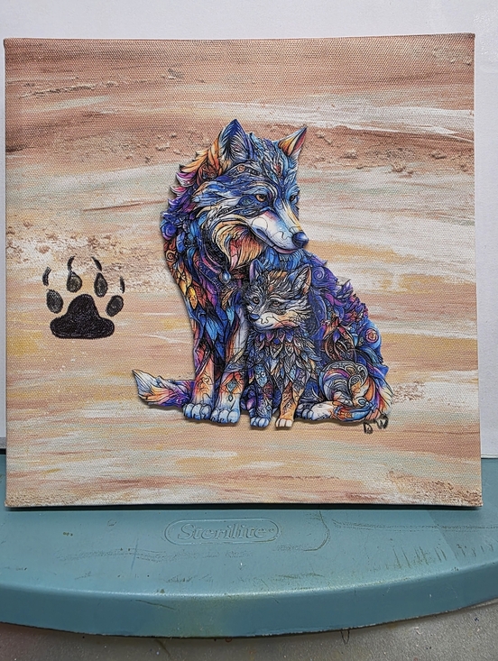 Hand Crafted Other - Colorful Wolf & Pup Canvas Puzzle Art